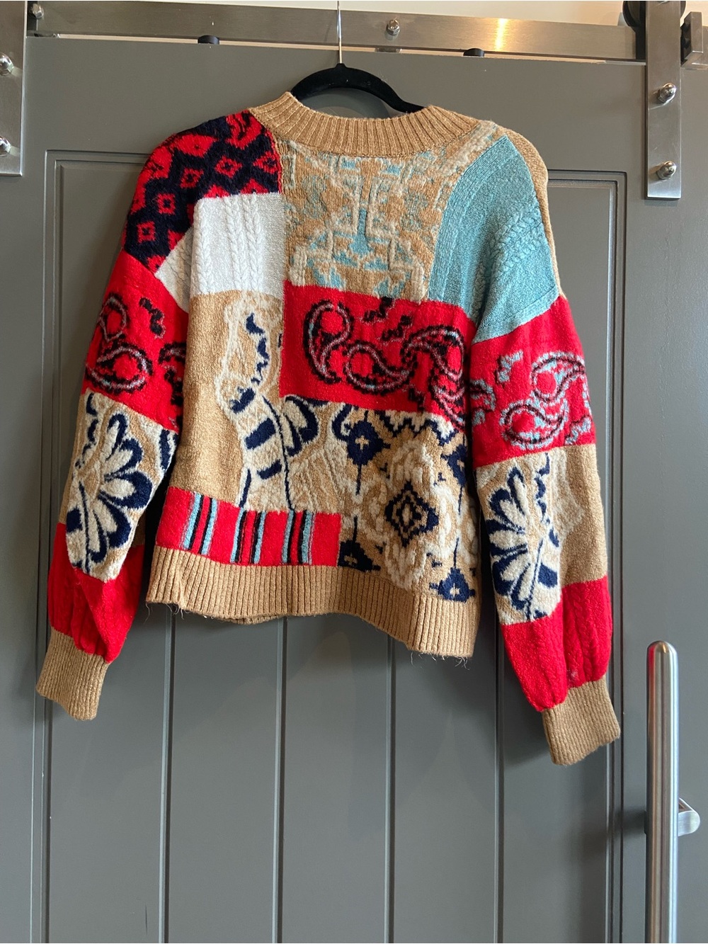 Anthropologie Patchwork Crewneck Sweater in Red, Tan, Light Blue & Navy